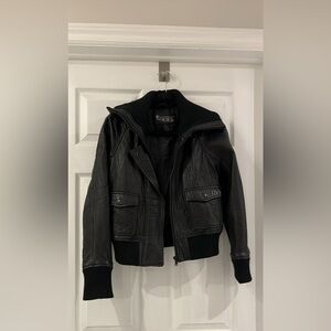Danier- Black Leather bomber Jacket with Ribbed Trim- XS